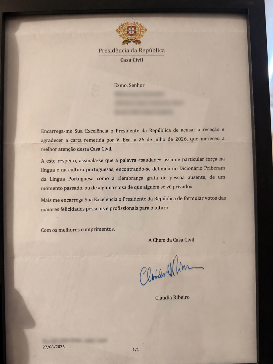Page 1 of the scanned reply to António José Seguro, with personal details redacted