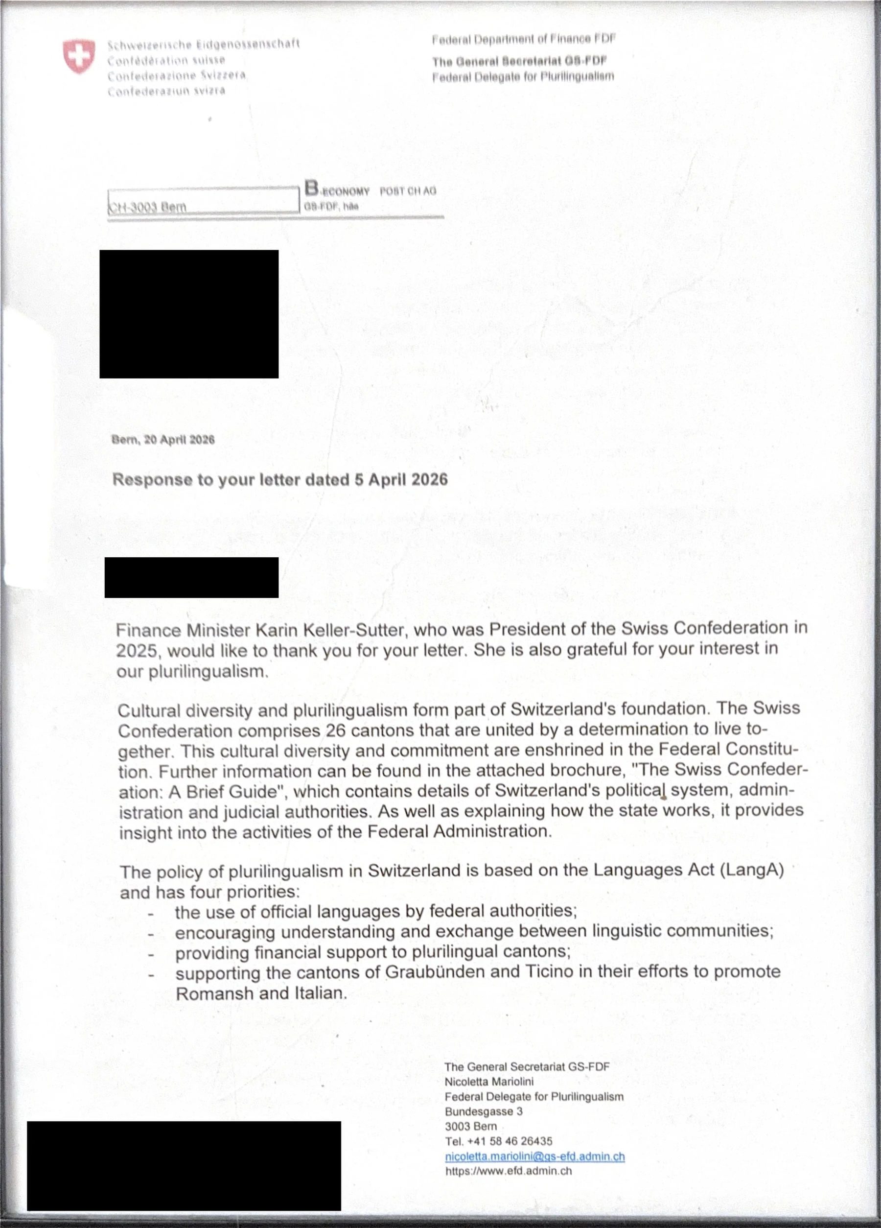 Page 1 of the scanned reply to Karin Keller-Sutter, with personal details redacted