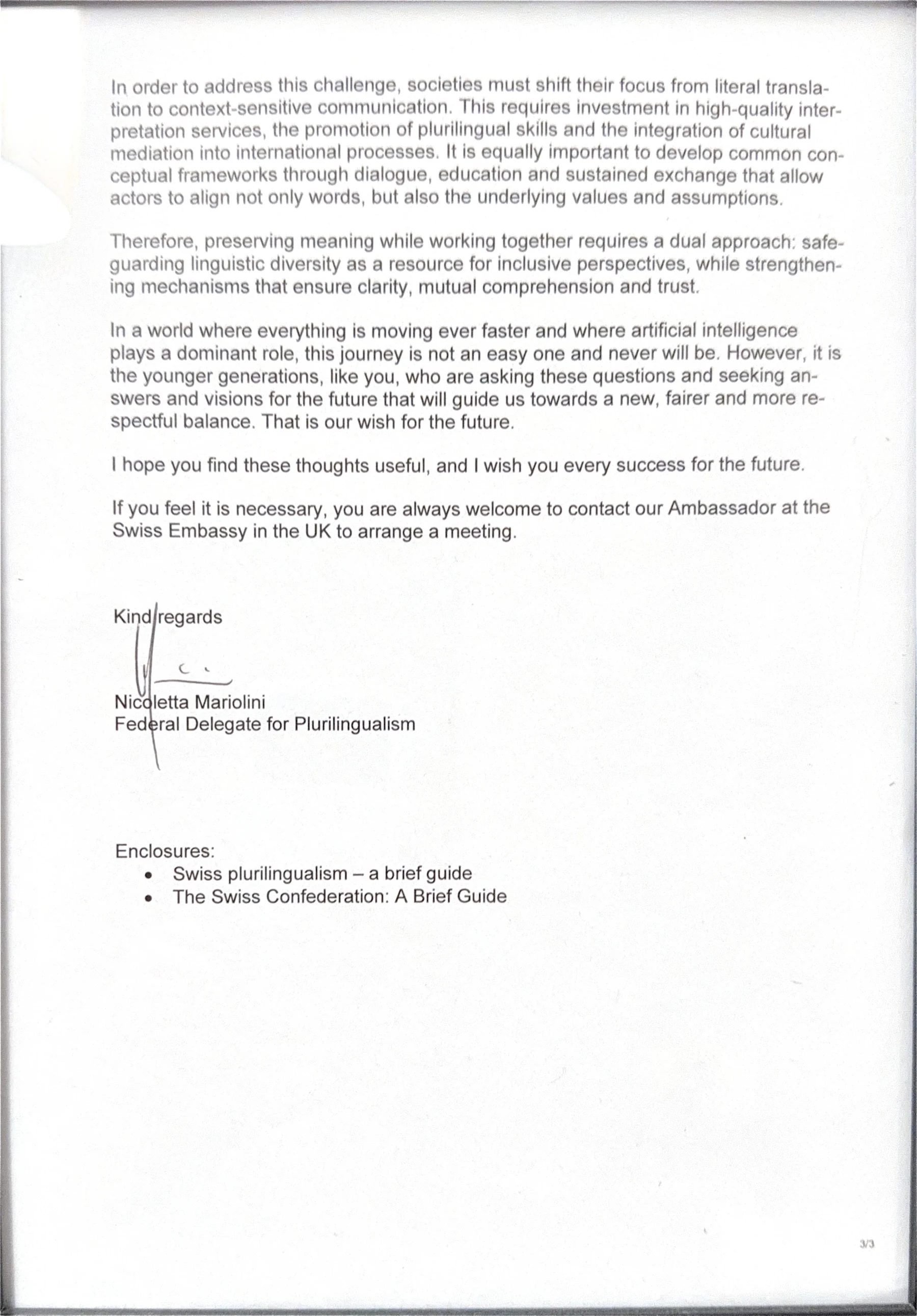 Page 2 of the scanned reply to Karin Keller-Sutter, with personal details redacted
